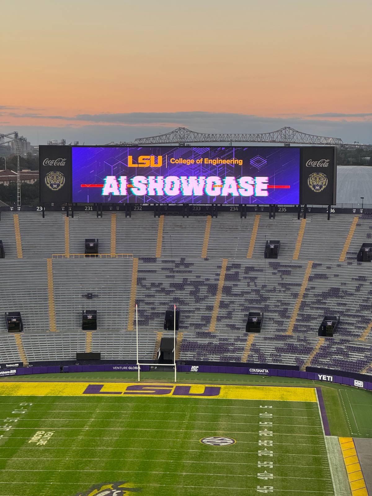 Tiger Stadium sign that says LSU College of Engineering AI Showcase