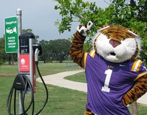 Mascot Mike at Charging Stations