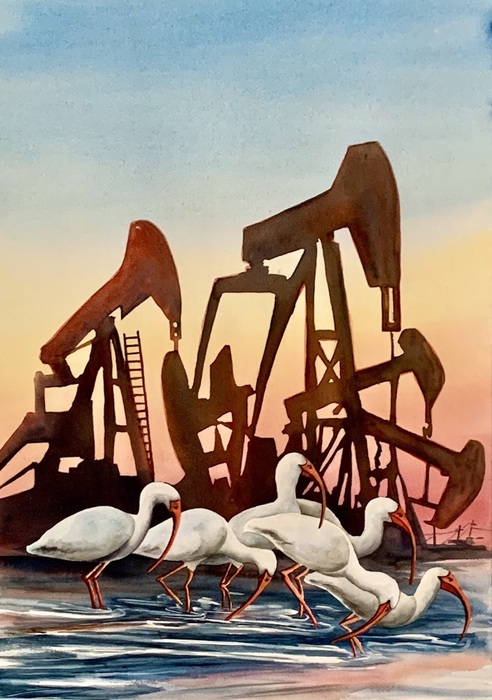Pumpjack Ibis pelicans in front of oil pump rigs